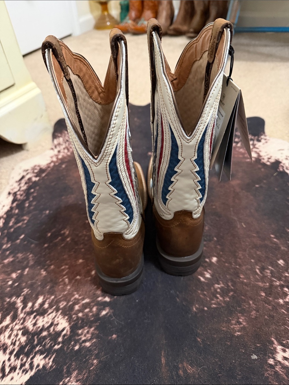 Ariat Brown Leather Western Boots with White, Blue & Red Shaft